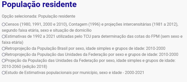 As opções de tabulação de população no TABNET/DATASUS.